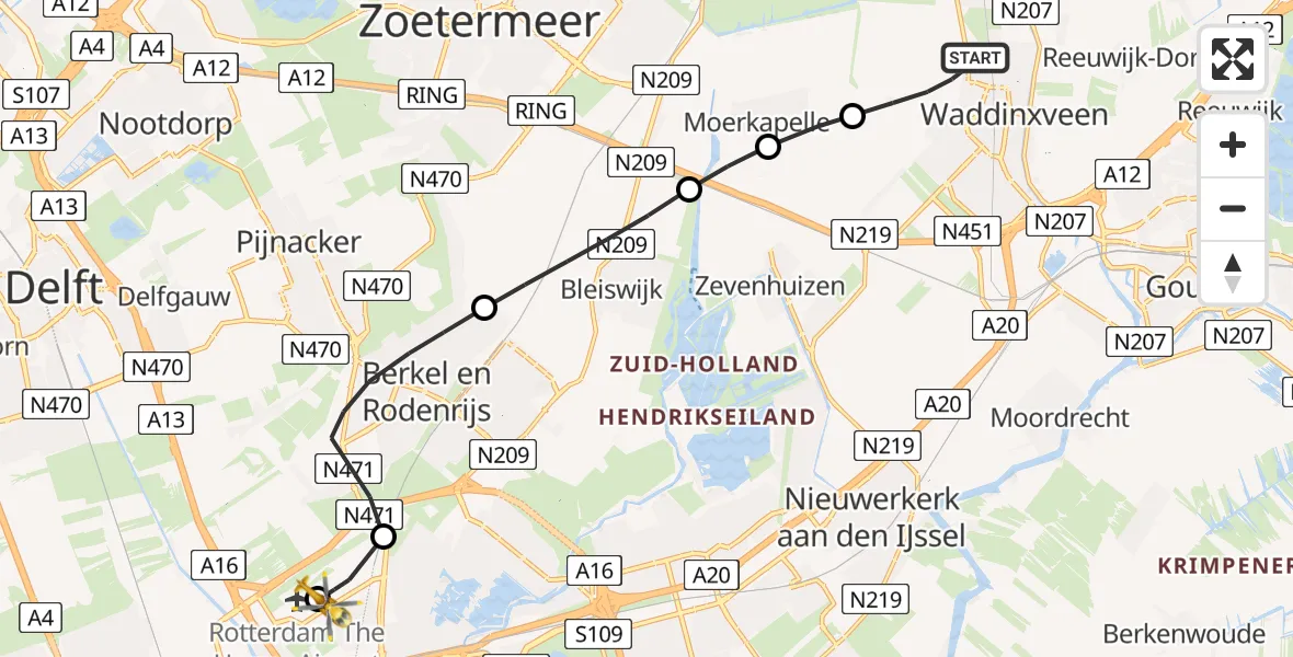 Vluchtroute Traumahelikopter van Waddinxveen naar Rotterdam The Hague Airport