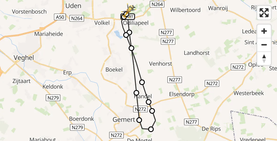 Vluchtroute Traumahelikopter van Vliegbasis Volkel naar Vliegbasis Volkel