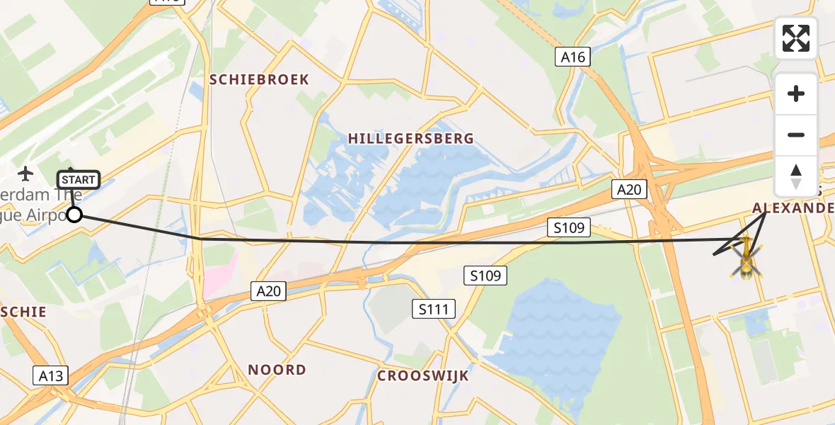 Vluchtroute Traumahelikopter van Rotterdam The Hague Airport naar Rotterdam