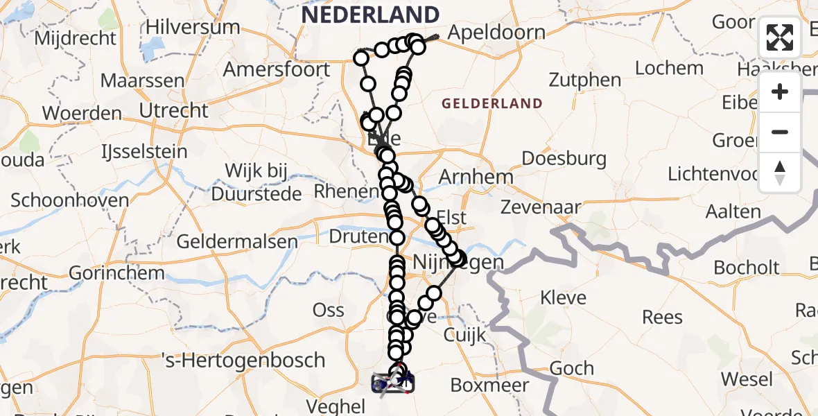 Vluchtroute Politiehelikopter van Vliegbasis Volkel naar Vliegbasis Volkel