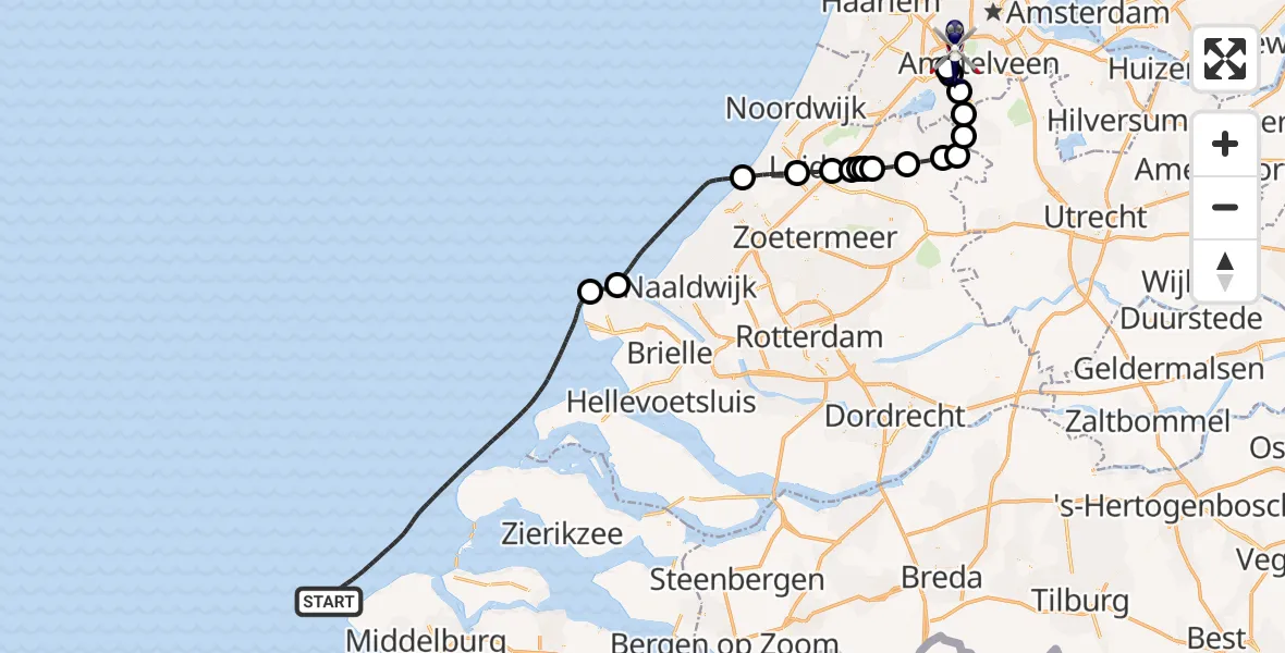 Vluchtroute Politiehelikopter van Noordzee naar Amsterdam Vliegveld Schiphol