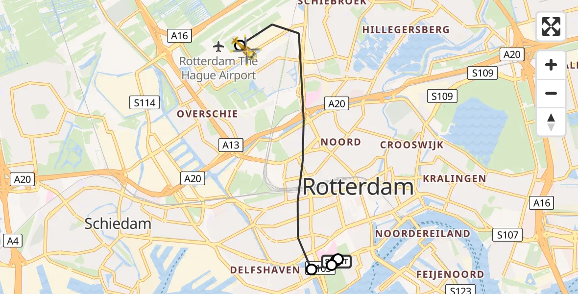 Vluchtroute Traumahelikopter van Leids Universitair Medisch Centrum (LUMC) naar Rotterdam The Hague Airport