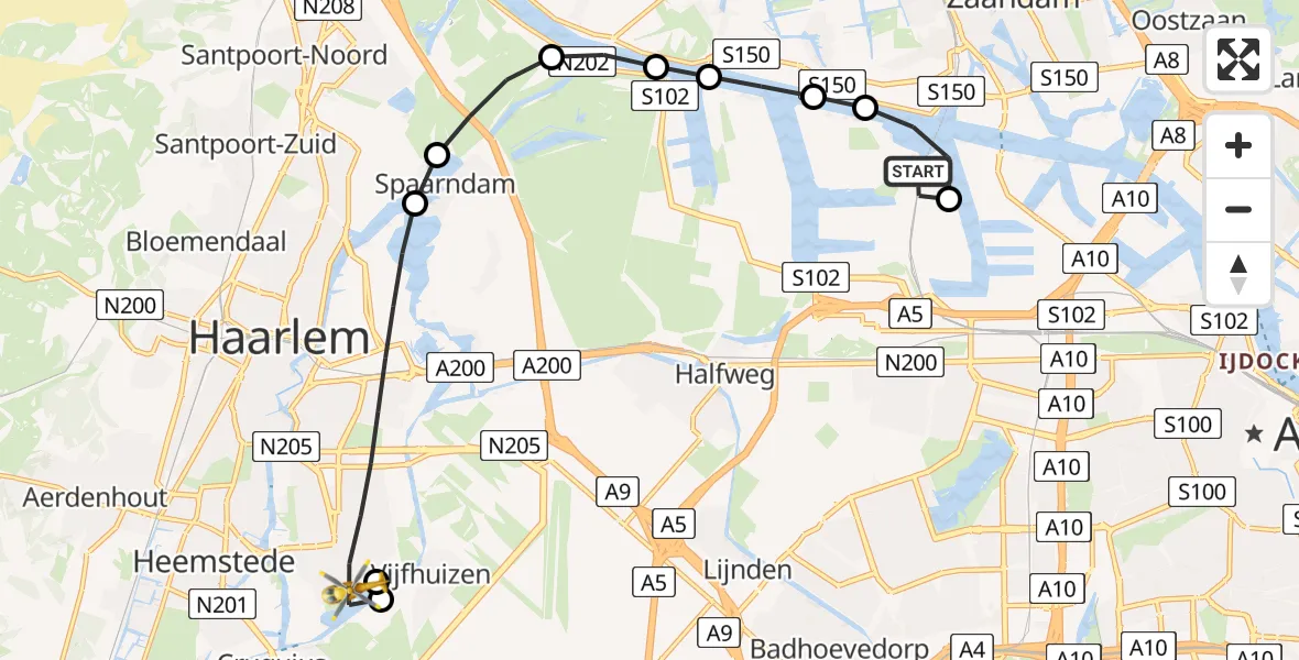 Vluchtroute Traumahelikopter van Amsterdam Heliport naar Haarlem