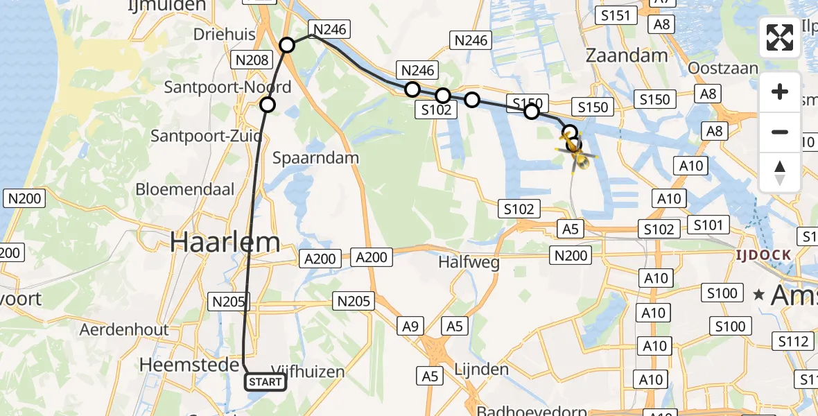 Vluchtroute Traumahelikopter van Haarlem naar Amsterdam Heliport