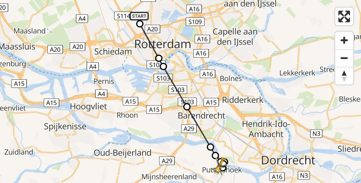 Vluchtroute Traumahelikopter van Rotterdam The Hague Airport naar Puttershoek