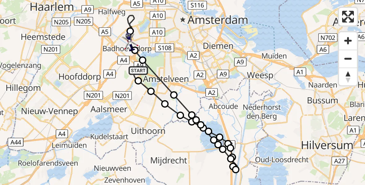 Vluchtroute Politiehelikopter van Amsterdam Vliegveld Schiphol naar Sloten