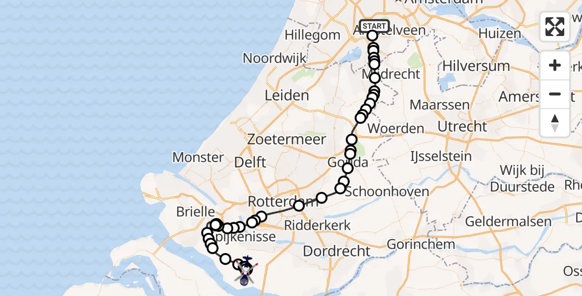 Vluchtroute Politiehelikopter van Amsterdam Vliegveld Schiphol naar Zuid-Beijerland