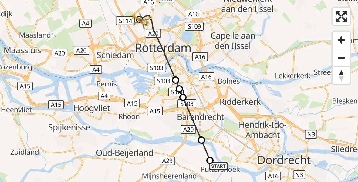 Vluchtroute Traumahelikopter van Puttershoek naar Rotterdam The Hague Airport