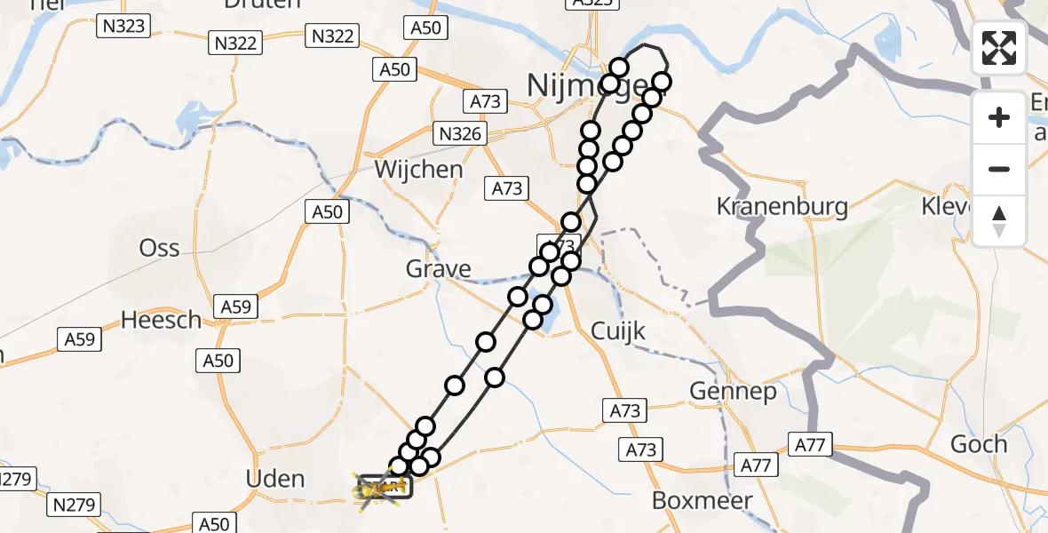 Vluchtroute Traumahelikopter van Vliegbasis Volkel naar Vliegbasis Volkel