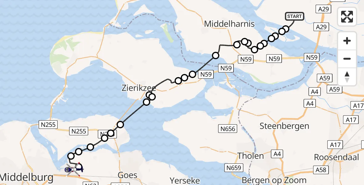 Vluchtroute Politiehelikopter van Zuid-Beijerland naar 's-Heer Arendskerke