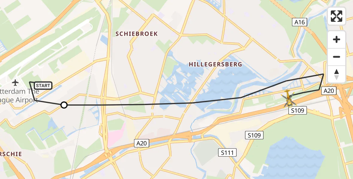 Vluchtroute Traumahelikopter van Rotterdam The Hague Airport naar Rotterdam