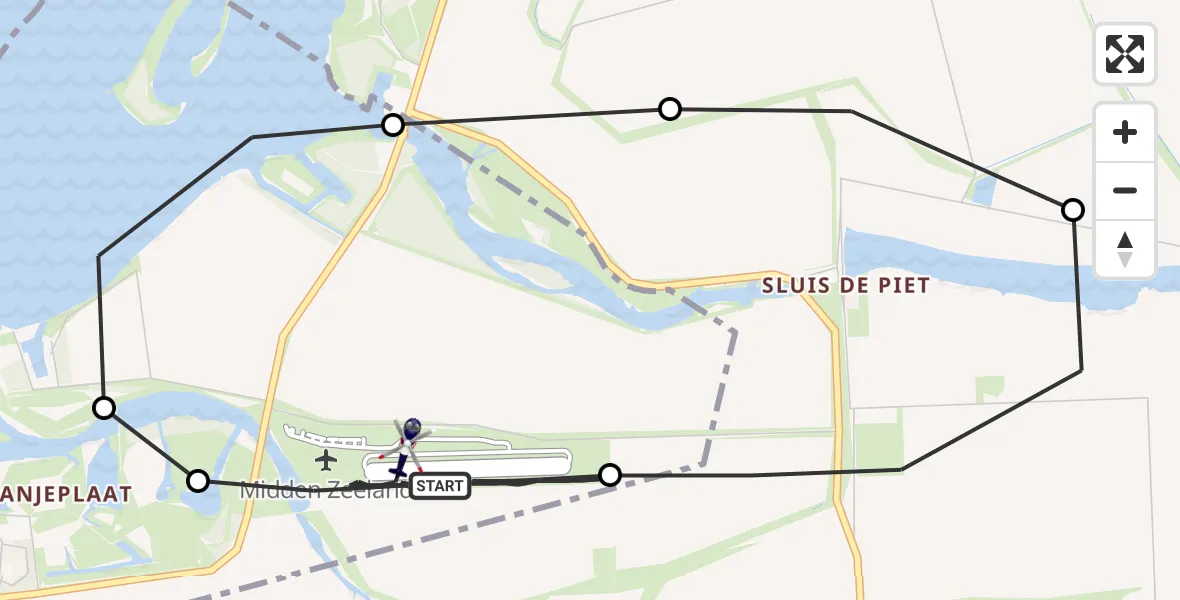 Vluchtroute Politiehelikopter van Vliegveld Midden-Zeeland naar Vliegveld Midden-Zeeland