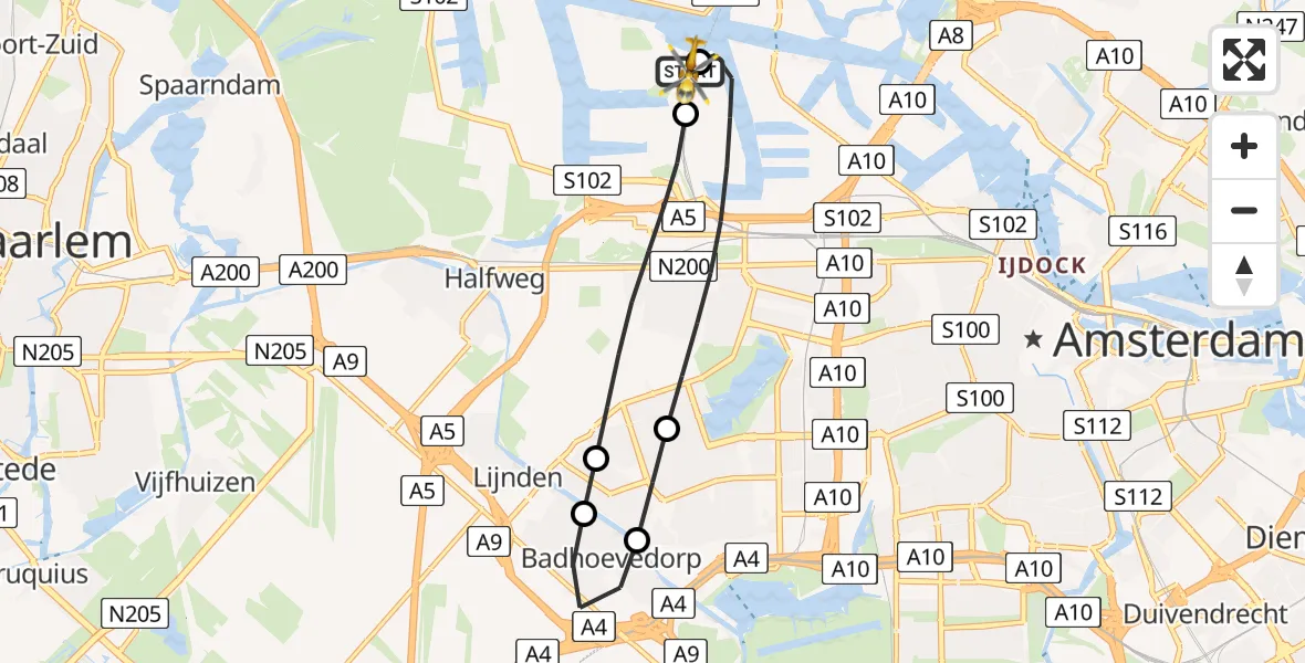 Vluchtroute Traumahelikopter van Amsterdam Heliport naar Amsterdam Heliport