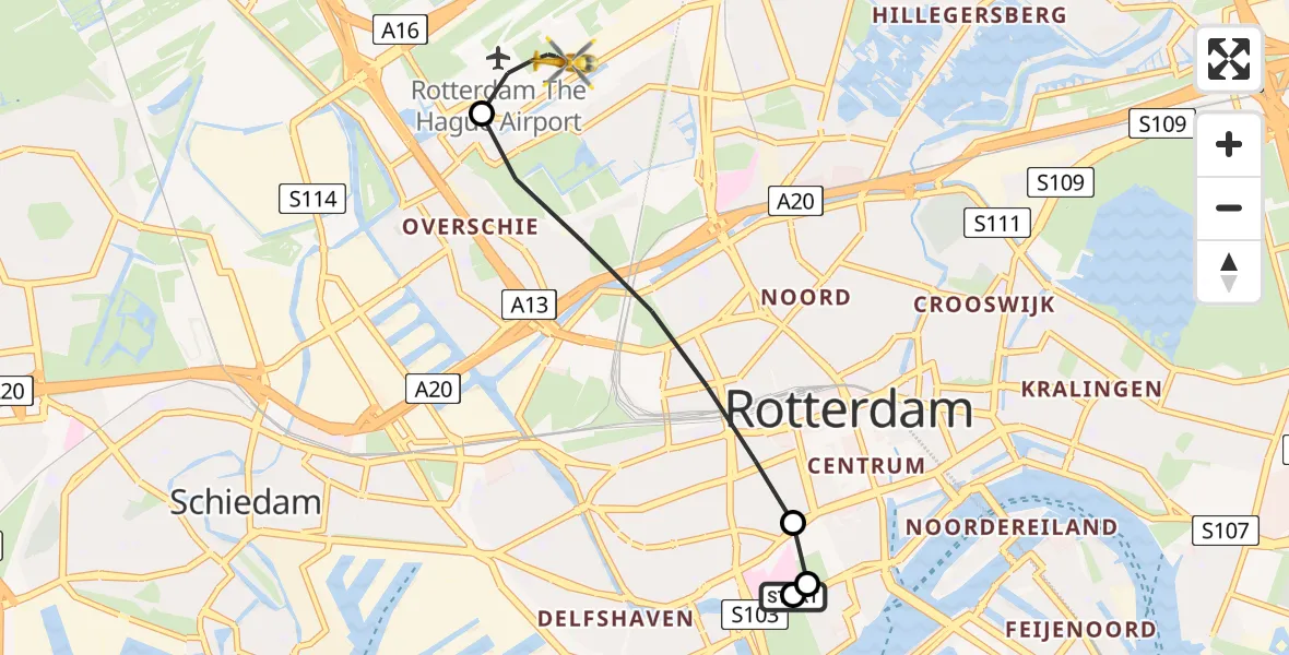 Vluchtroute Traumahelikopter van Leids Universitair Medisch Centrum (LUMC) naar Rotterdam The Hague Airport