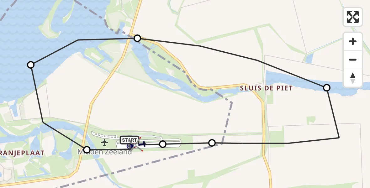 Vluchtroute Politiehelikopter van Vliegveld Midden-Zeeland naar Vliegveld Midden-Zeeland