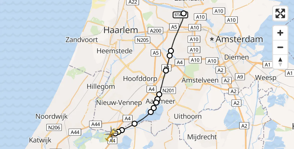 Vluchtroute Traumahelikopter van Amsterdam Heliport naar Nieuwe Wetering