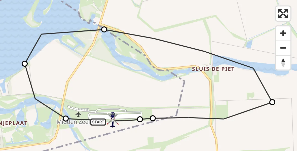 Vluchtroute Politiehelikopter van Vliegveld Midden-Zeeland naar Vliegveld Midden-Zeeland