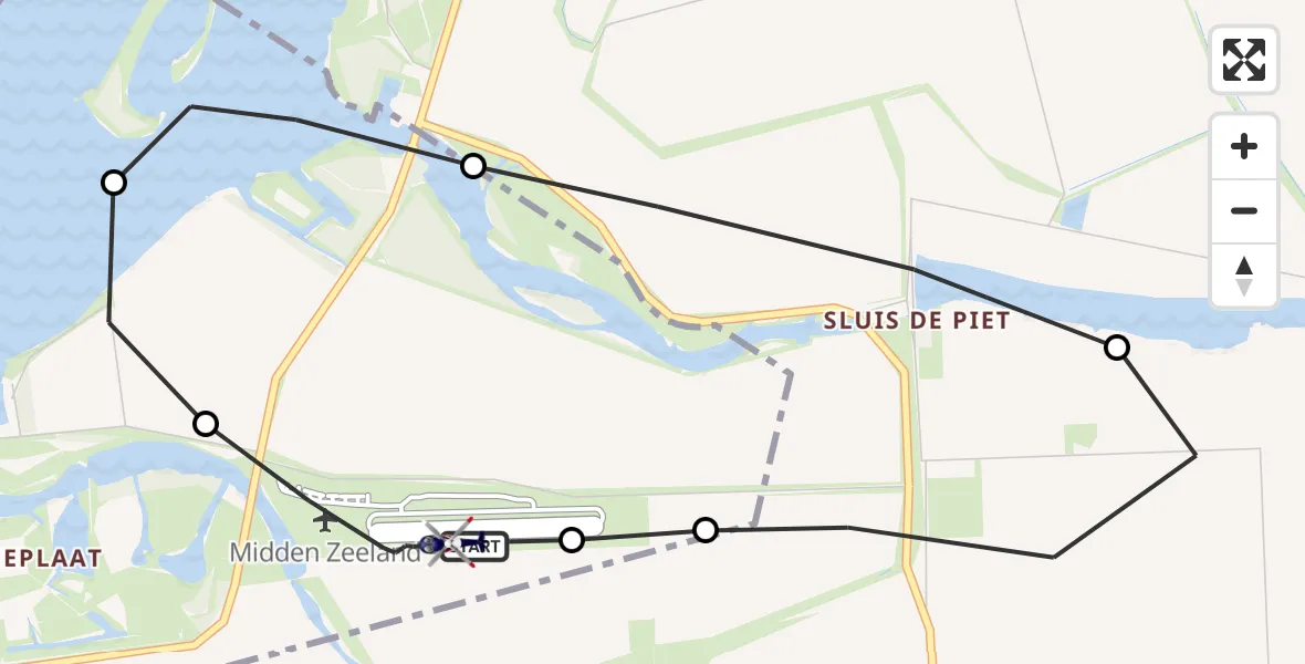 Vluchtroute Politiehelikopter van Vliegveld Midden-Zeeland naar Vliegveld Midden-Zeeland