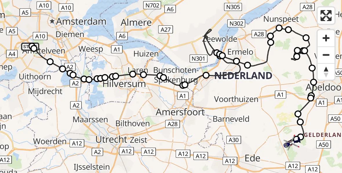 Vluchtroute Politiehelikopter van Amsterdam Vliegveld Schiphol naar Otterlo