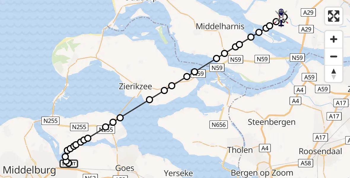 Vluchtroute Politiehelikopter van Vliegveld Midden-Zeeland naar Zuid-Beijerland