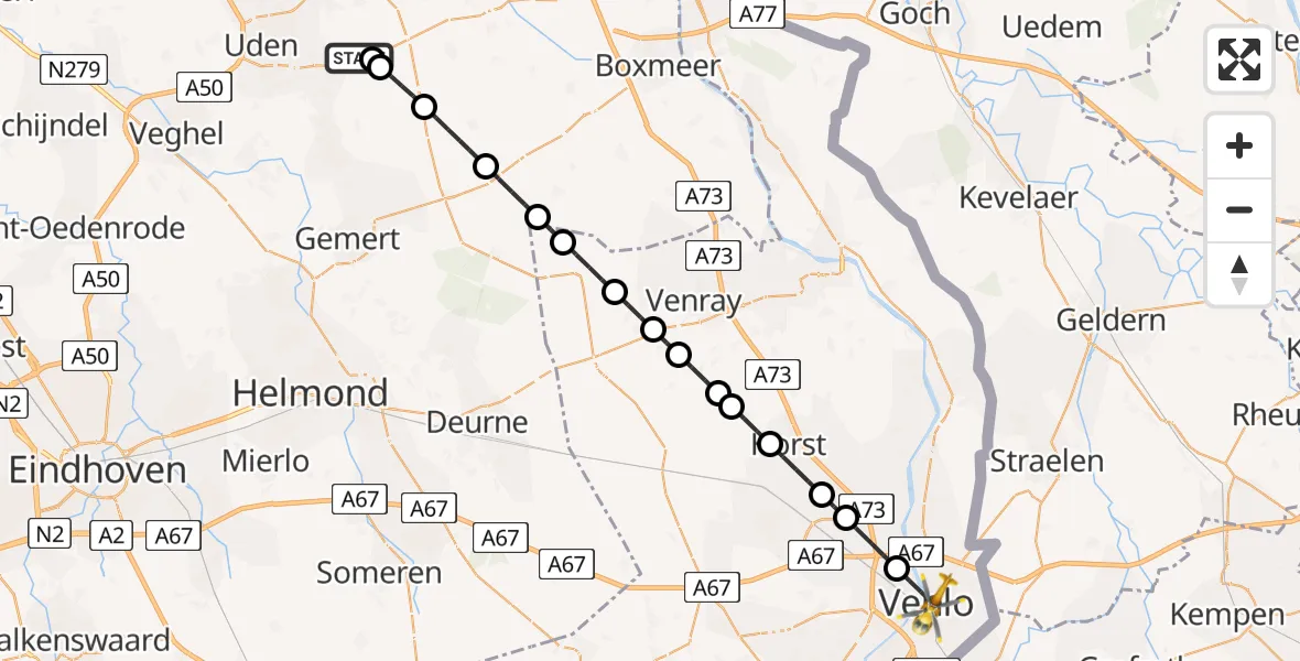 Vluchtroute Traumahelikopter van Vliegbasis Volkel naar Blerick