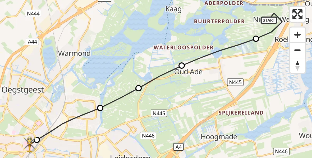 Vluchtroute Traumahelikopter van Nieuwe Wetering naar Leiden University Medical Center Heliport