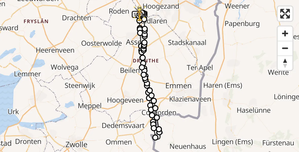 Vluchtroute Traumahelikopter van Groningen Airport Eelde naar Groningen Airport Eelde