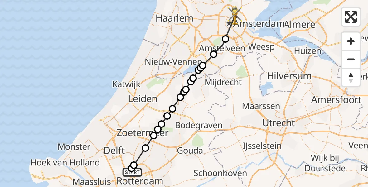 Vluchtroute Traumahelikopter van Rotterdam The Hague Airport naar Amsterdam