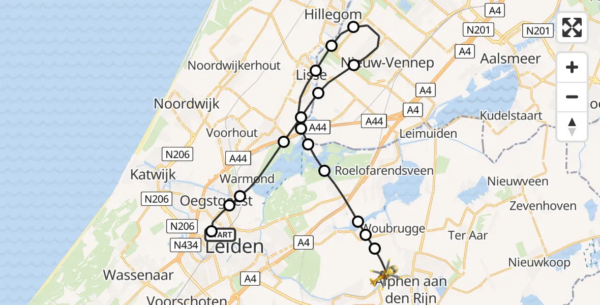 Vluchtroute Traumahelikopter van Leiden University Medical Center Heliport naar Alphen aan den Rijn