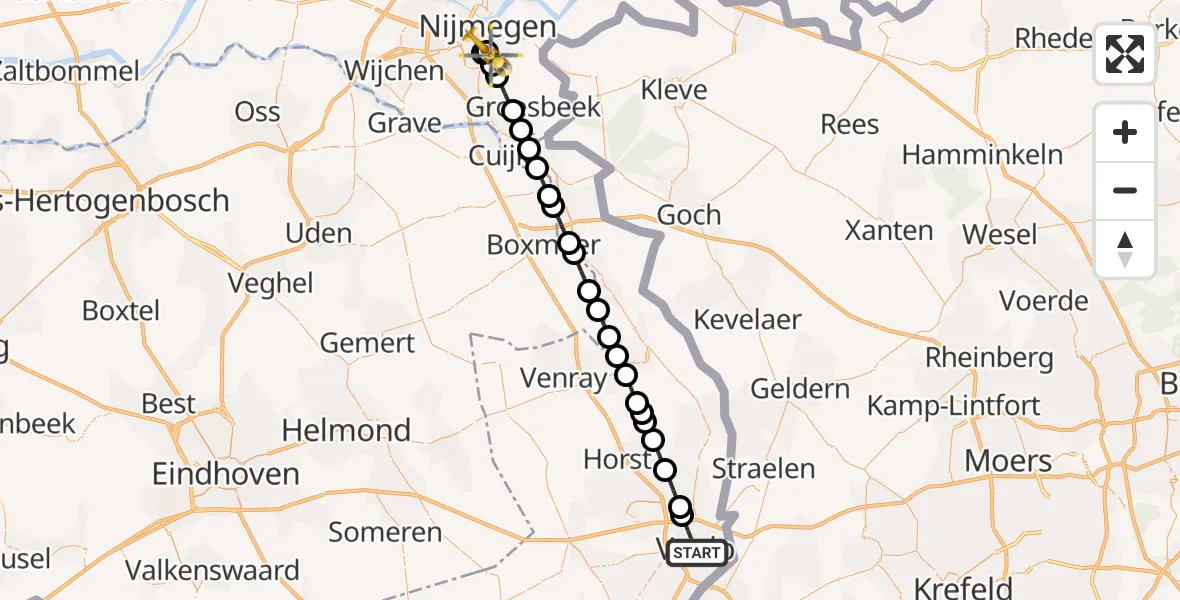 Vluchtroute Traumahelikopter van Blerick naar Radboud University Medical Center Heliport