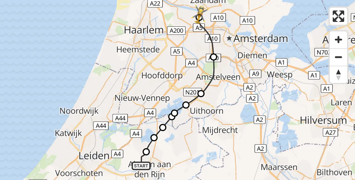 Vluchtroute Traumahelikopter van Alphen aan den Rijn naar Amsterdam Heliport