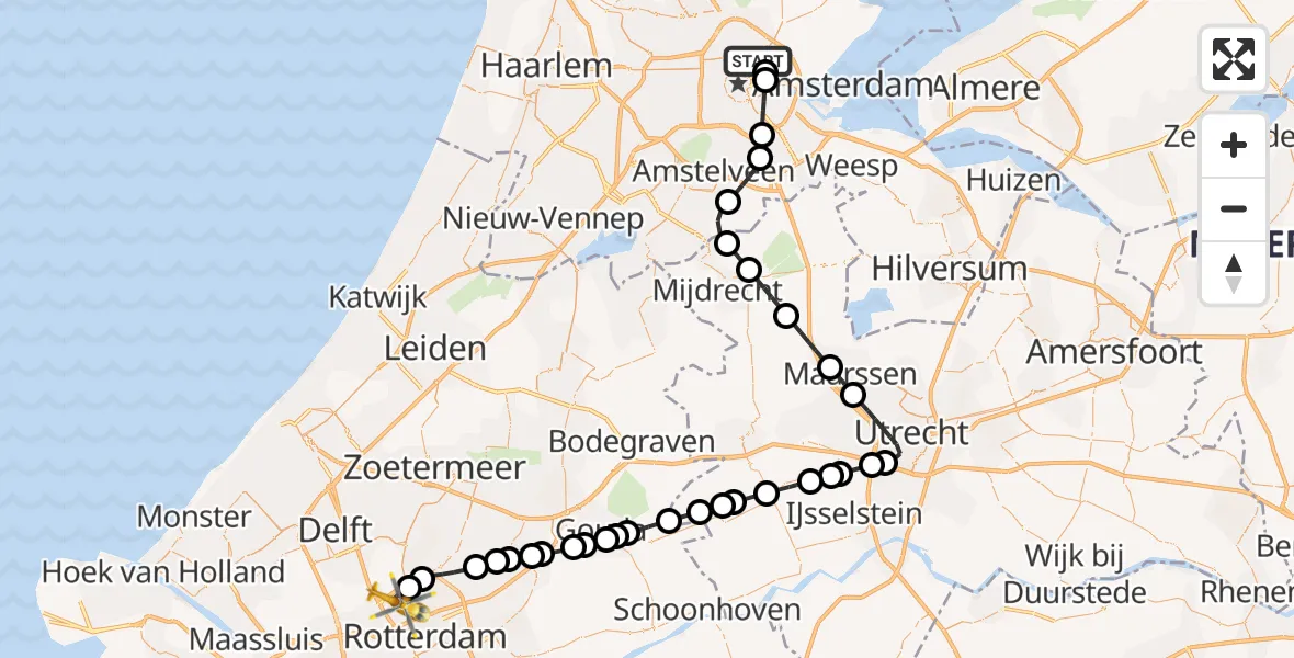 Vluchtroute Traumahelikopter van Amsterdam naar Rotterdam The Hague Airport