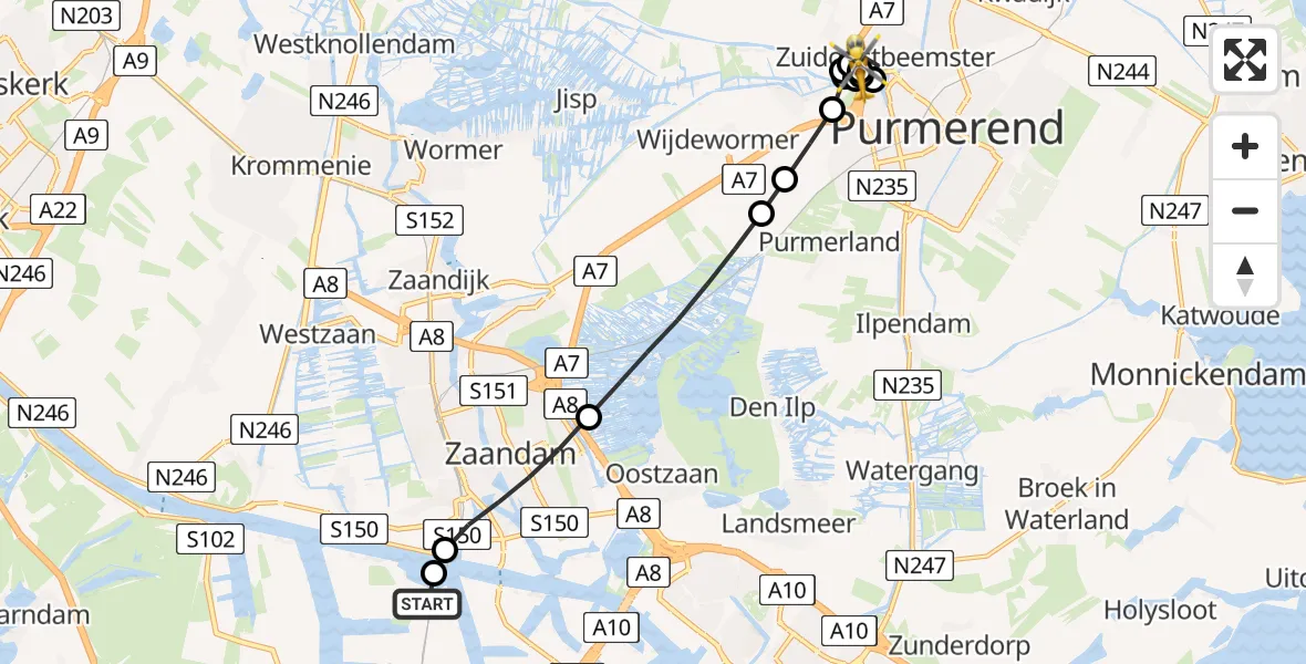 Vluchtroute Traumahelikopter van Amsterdam Heliport naar Beemster