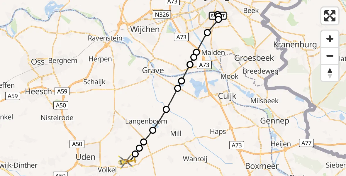 Vluchtroute Traumahelikopter van Radboud Universitair Medisch Centrum naar Vliegbasis Volkel