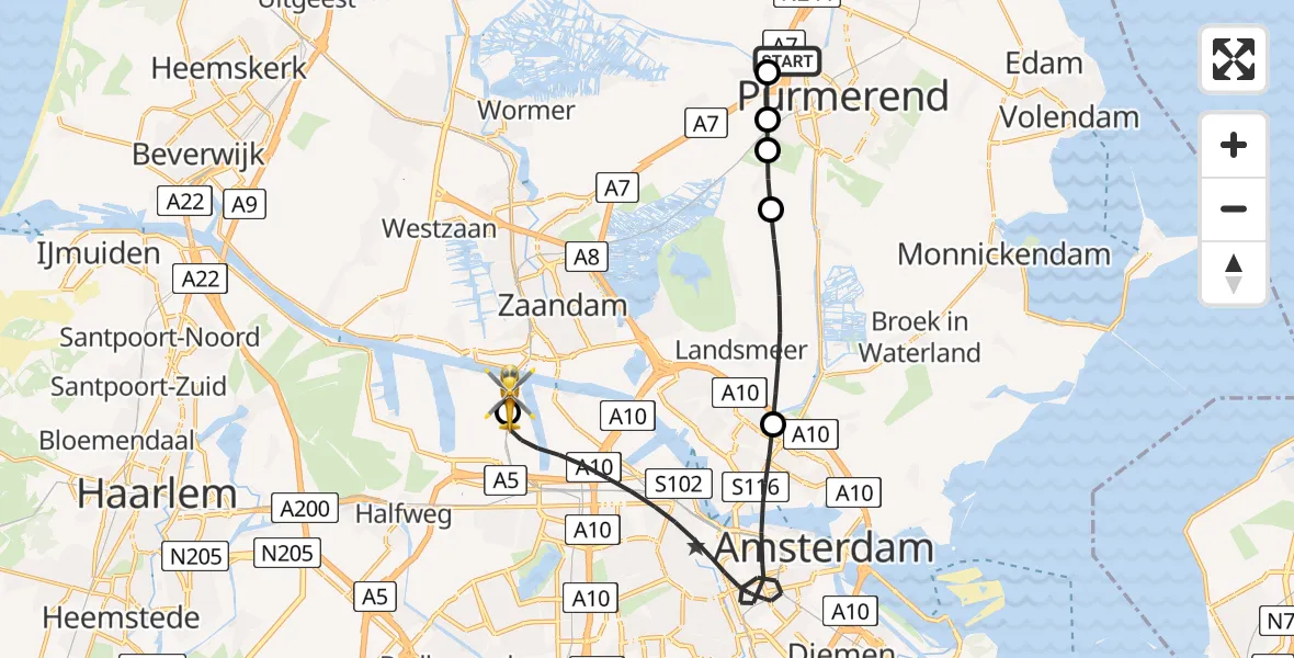 Vluchtroute Traumahelikopter van Beemster naar Amsterdam Heliport
