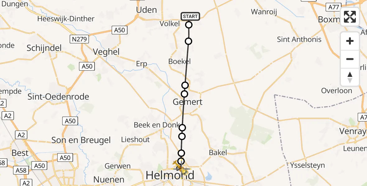 Vluchtroute Traumahelikopter van Vliegbasis Volkel naar Helmond