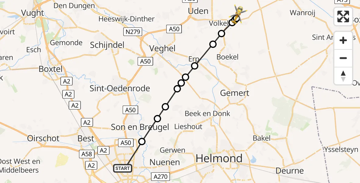 Vluchtroute Traumahelikopter van Eindhoven naar Vliegbasis Volkel