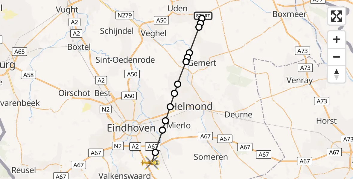 Vluchtroute Traumahelikopter van Vliegbasis Volkel naar Heeze