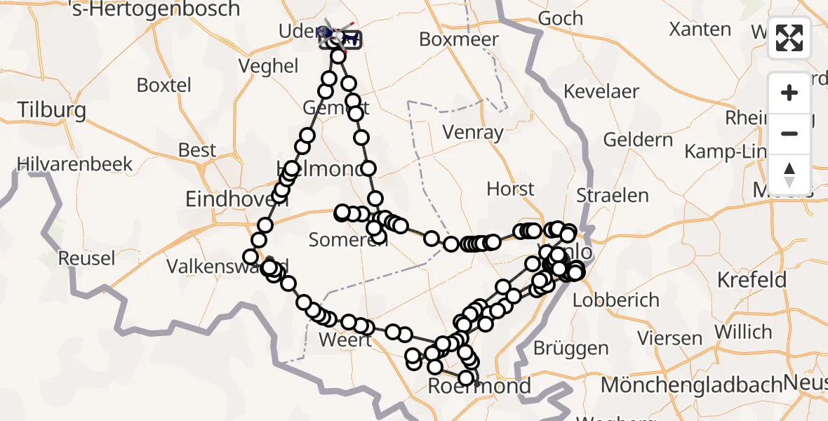 Vluchtroute Politiehelikopter van Vliegbasis Volkel naar Vliegbasis Volkel