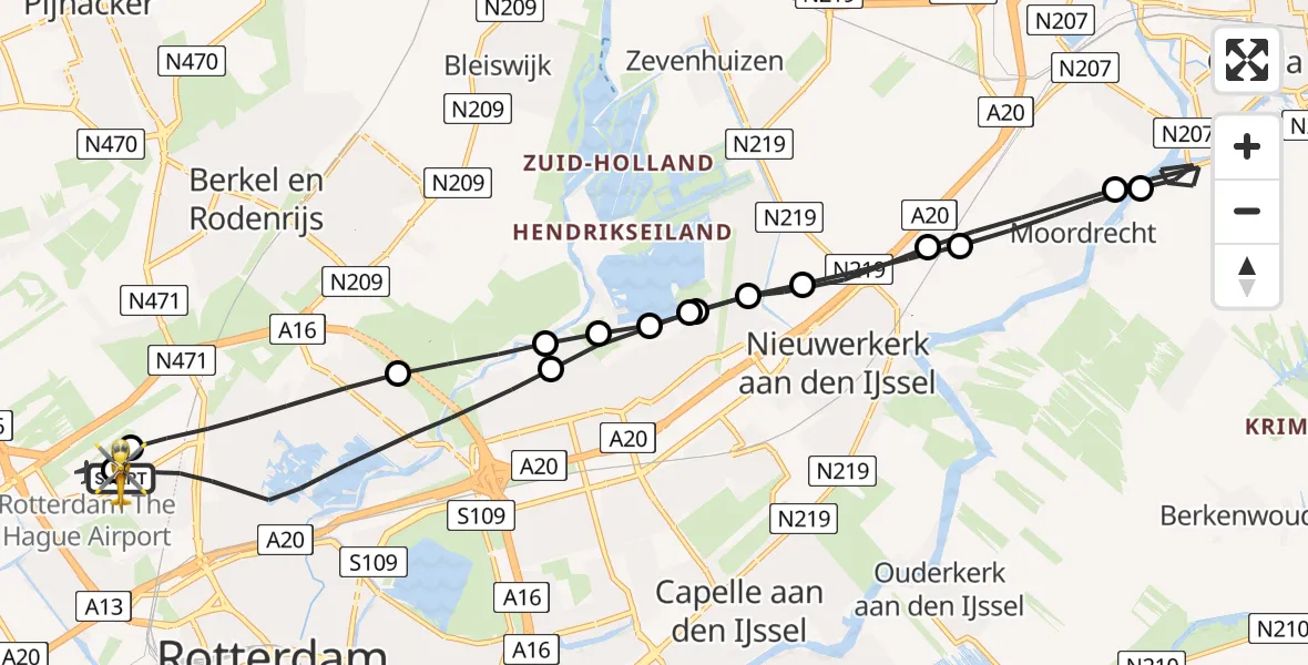 Vluchtroute Traumahelikopter van Rotterdam The Hague Airport naar Rotterdam The Hague Airport