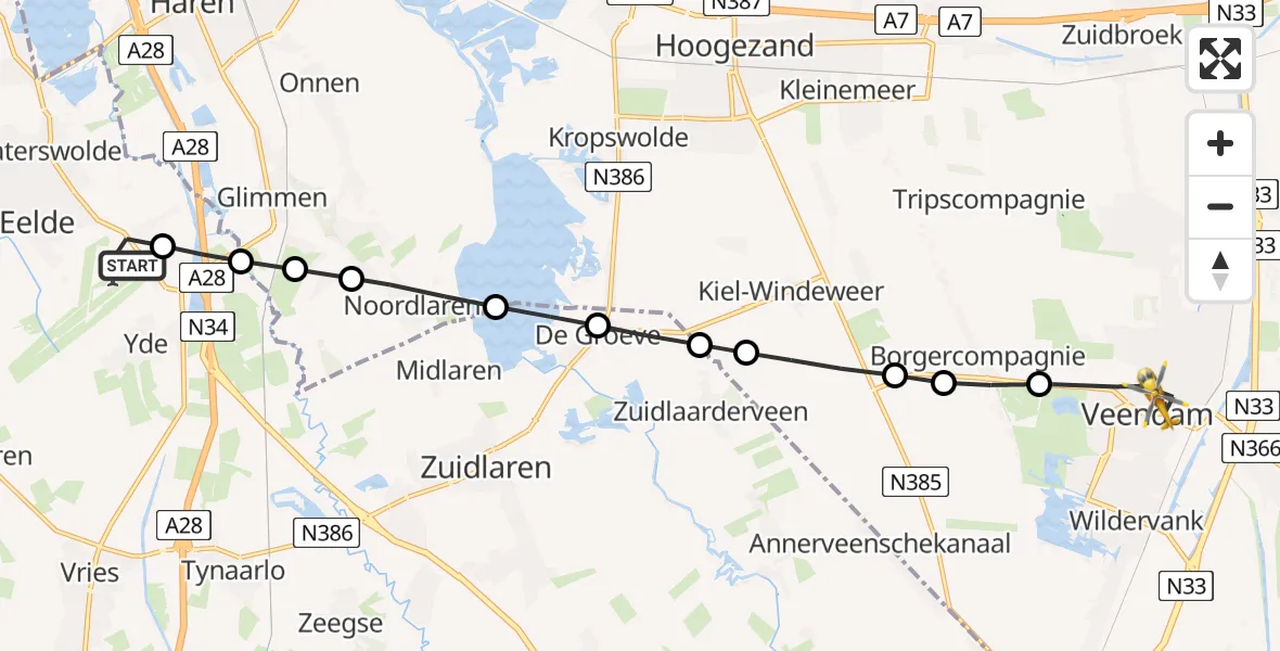 Vluchtroute Traumahelikopter van Groningen Airport Eelde naar Veendam