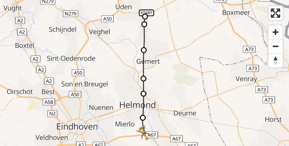 Vluchtroute Traumahelikopter van Vliegbasis Volkel naar Lierop