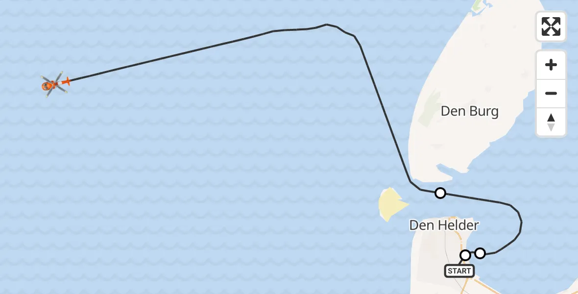 Vluchtroute Kustwachthelikopter van Militair vliegveld De Kooy / Den Helder Airport naar Noordzee