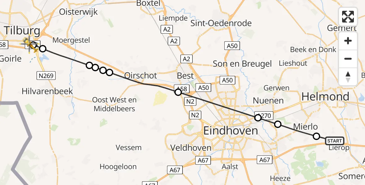 Vluchtroute Traumahelikopter van Lierop naar St. Elisabeth Hospital Heliport