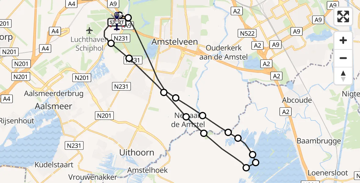 Vluchtroute Politiehelikopter van Amsterdam Vliegveld Schiphol naar Amsterdam Vliegveld Schiphol