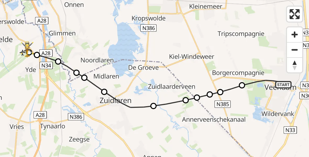 Vluchtroute Traumahelikopter van Veendam naar Groningen Airport Eelde