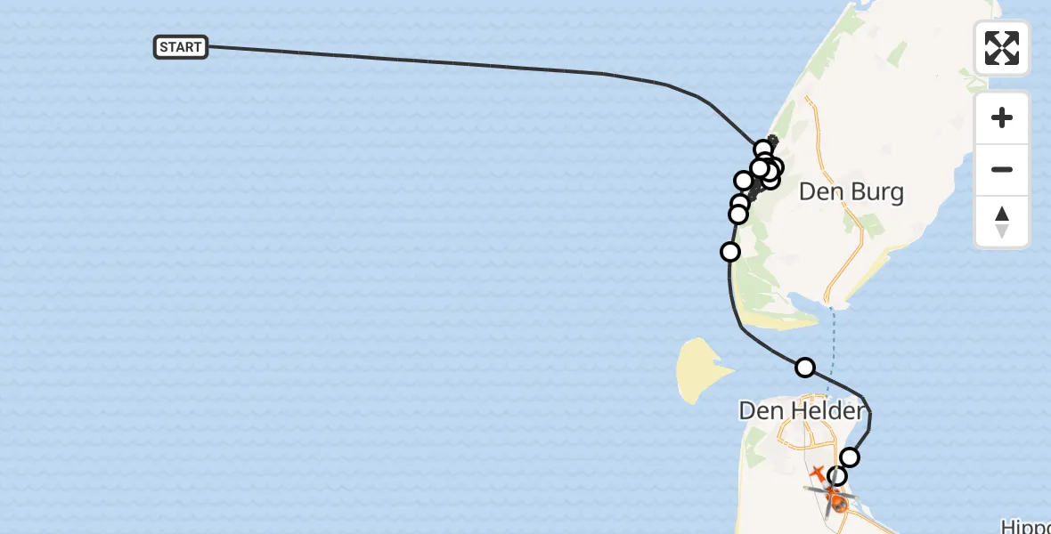 Vluchtroute Kustwachthelikopter van Noordzee naar Militair vliegveld De Kooy / Den Helder Airport