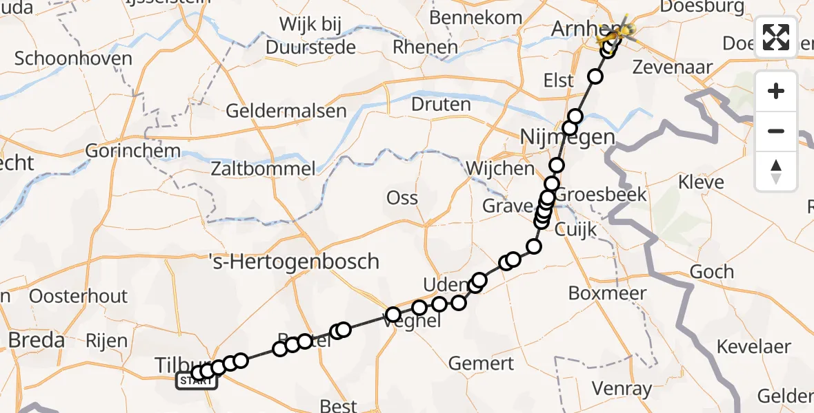 Vluchtroute Traumahelikopter van St. Elisabeth Hospital Heliport naar Arnhem