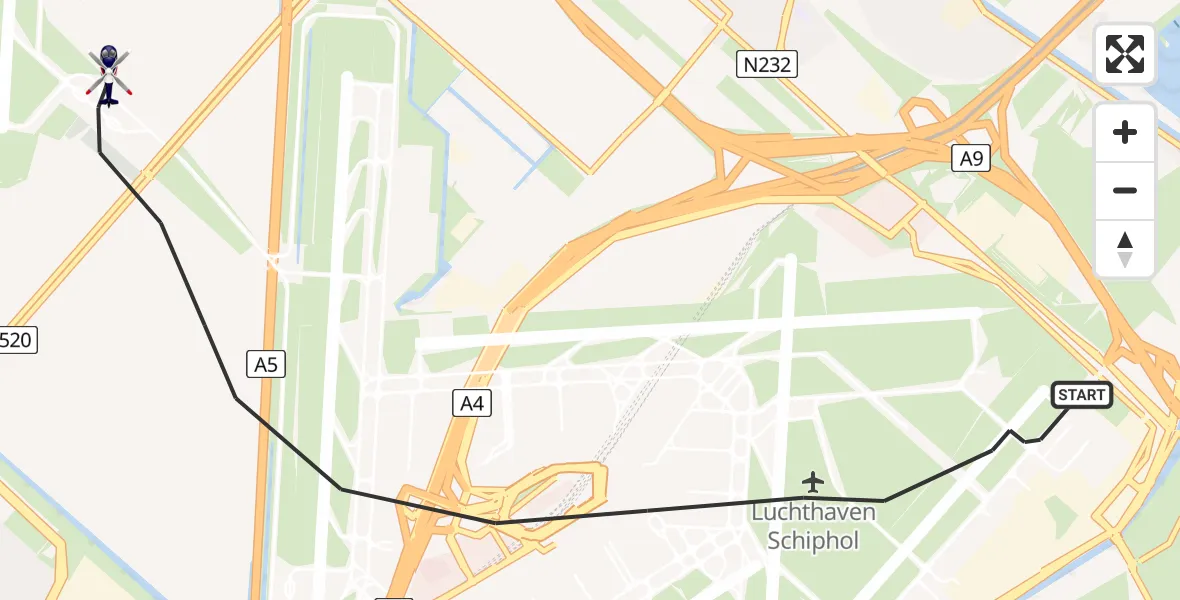 Vluchtroute Politiehelikopter van Amsterdam Vliegveld Schiphol naar Amsterdam Vliegveld Schiphol