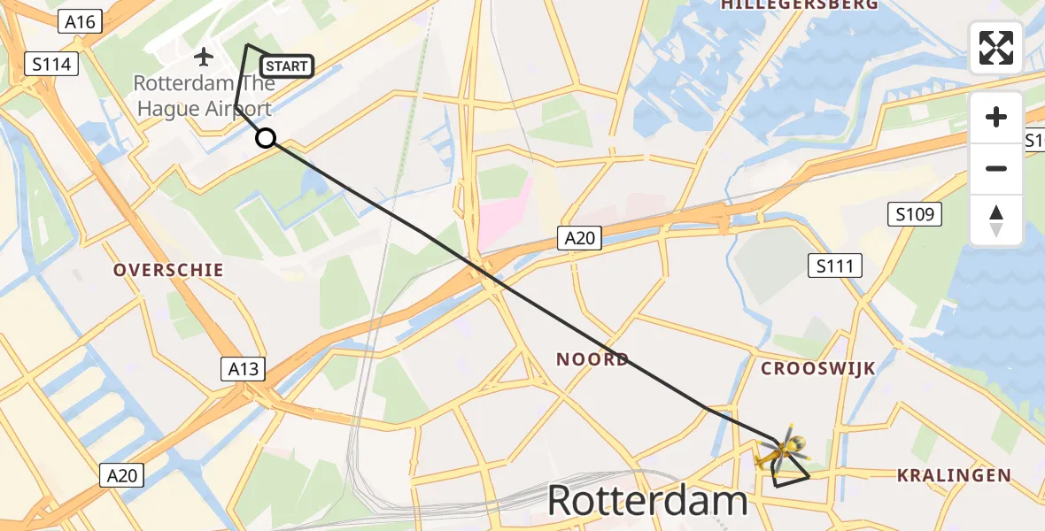 Vluchtroute Traumahelikopter van Rotterdam The Hague Airport naar Rotterdam
